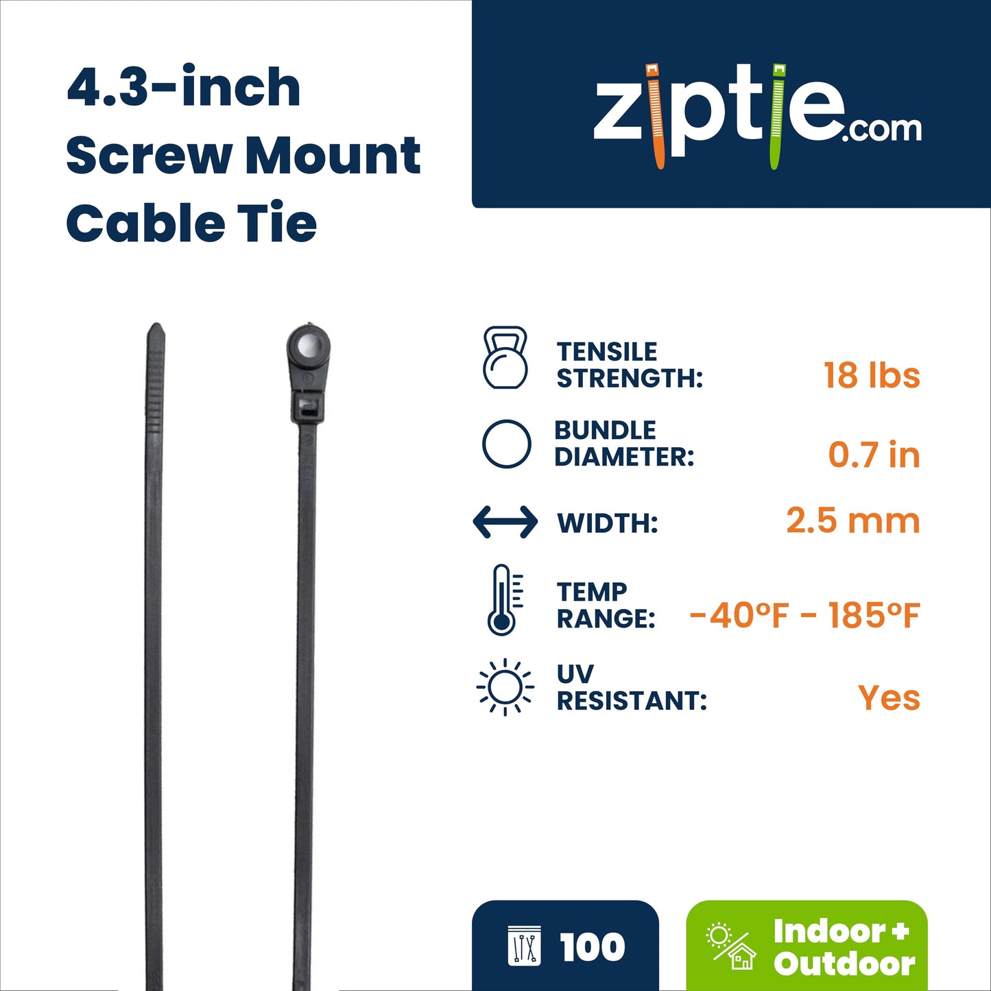 ZipTie.com 4.3-Inch Black Zip Ties With Screw Hole - 18-lb Tensile Strength Cord Management & Secure Mounting - Indoor & Outdoor Multi-Purpose Tie