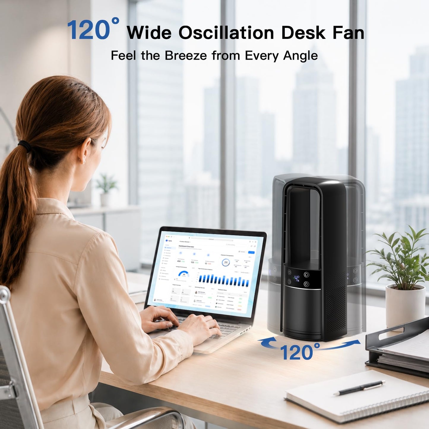 Desk Fan Bladeless, 13.4 Inch Office Fan Small Quiet, 4 Speed Touch Control Bedside Fan with 120° Oscillation, 3 Level Night Light, 9H Timer, Easy