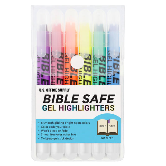 U.S. Office Supply Bible Safe Highlighter Set of 6 Bright Flouresent Colors, Dry Bible Highlighters No Bleed, Fade or Smear, Safe Gel Markers