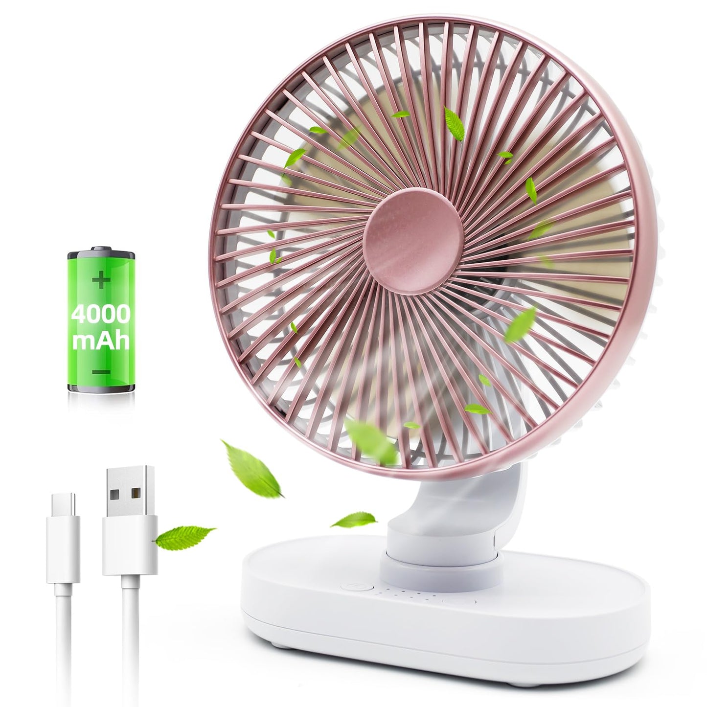 Small Oscillating Fan for Bedroom, 4000mAh Battery Powered Rechargeable Fan, 90° Vertical Manual and 120° Oscillating Desk Fan, 4 Speeds Air