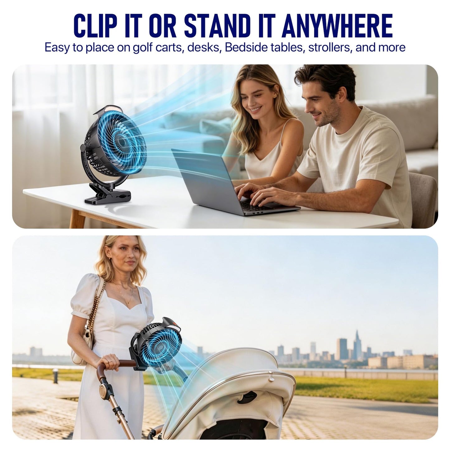Gentsvip 8-Inch Rechargeable Clip on Fan, 10000mAh Portable Camping Fan with LED Light, 9-Speed Ultra Quiet Airflow, 30H Runtime, 360° Rotating Desk