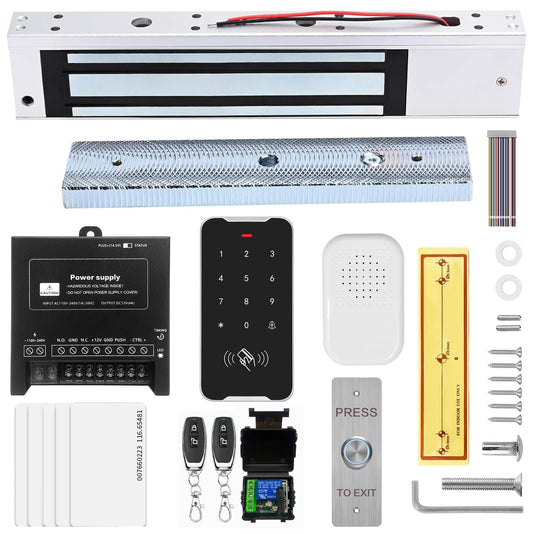 Door Access Control System Kit Set with 280kg/600lbs Electric Magnetic Lock, RFID Keypad, Two Remotes,DC12V/5A Power Supply,Stainless Steel Push