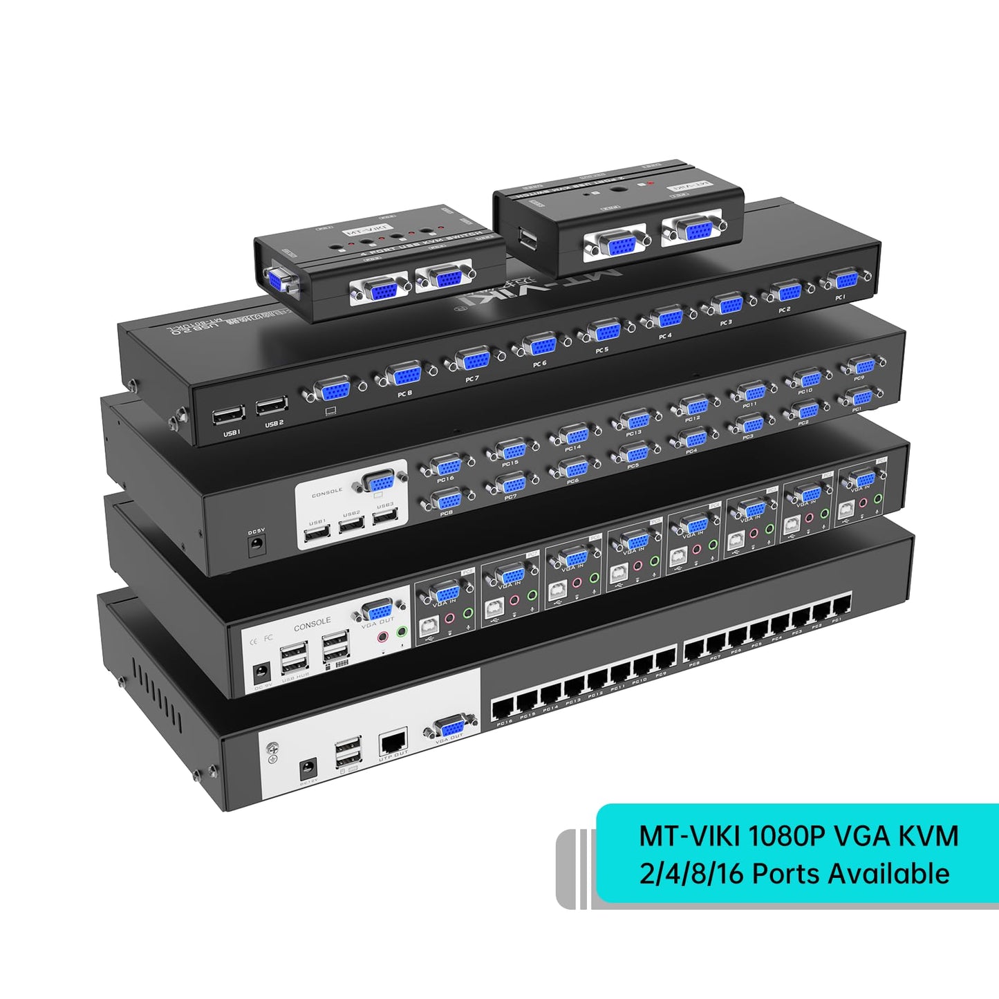 MT-VIKI KVM Switch 8 Port, 8X1 Rackmount KVM Switch VGA, Included 8 2-in-1 KVM Cables & Wire-Desktop Selector & Power Adapter, Fit 1U 19'' Rack