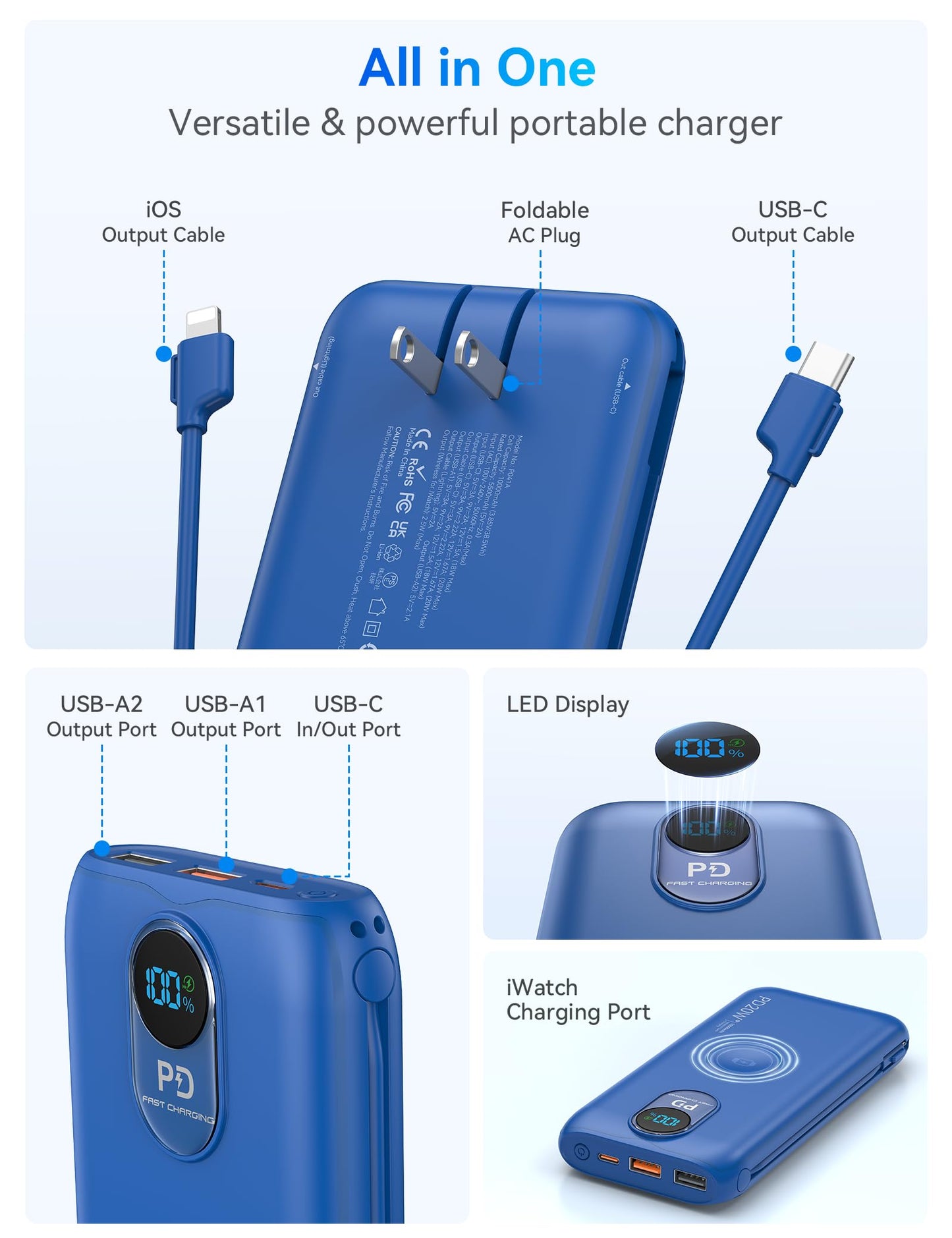 LENGSUM Portable Charger, 10000mAh 20W Fast Charging Power Bank with Built in Cables & AC Wall Plug & LED Display, Travel Essentials Battery Pack