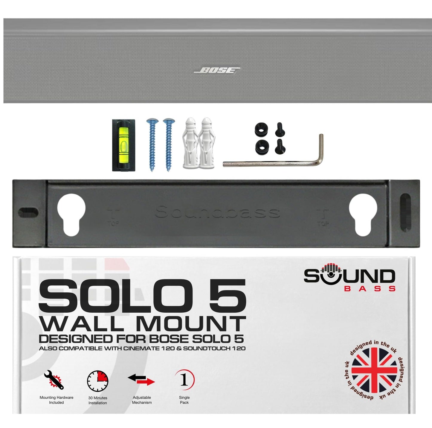 Sound Bass Solo 5 Wall Mount Bracket for Bose Solo5 Soundbar, Compatible with Solo Soundbar 2 Sound Bar Series II, Complete Kit with All Mounting