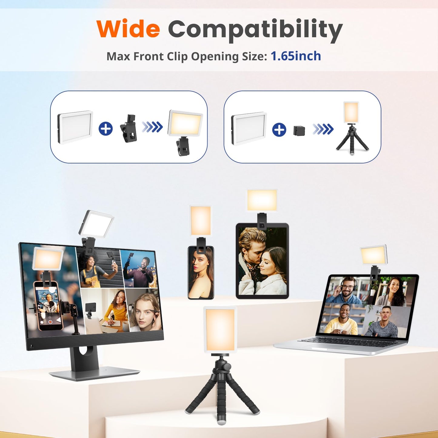 UBeesize Selfie Light with Memory Function, Rechargeable Phone Light for Pictures, iPhone, iPad, Laptop, Monitor, Clip-on Video Light with 3 Light