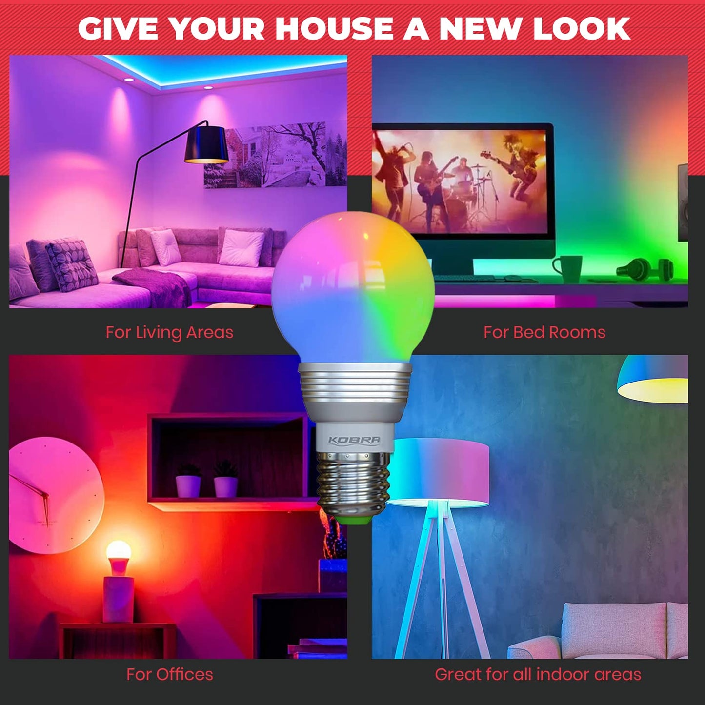 Kobra LED Color Changing Light Bulb with Remote Control - 16 Different Color Choices Smooth, Fade, Flash or Strobe Mode - Smart Remote Lightbulb - RGB