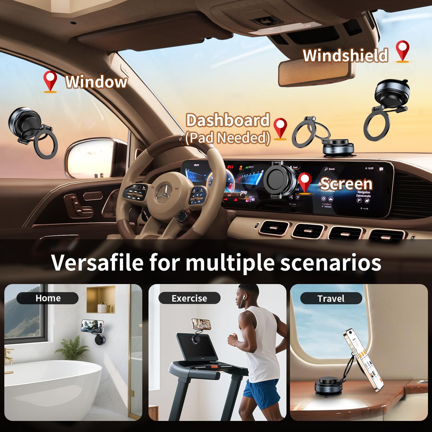 LENEZEN 2025 Upgraded Metal 360° Adjustable Vacuum Suction Cup Phone Mount [98LB Suction], Magnetic Phone Holder for Car, Foldable Portable iPhone