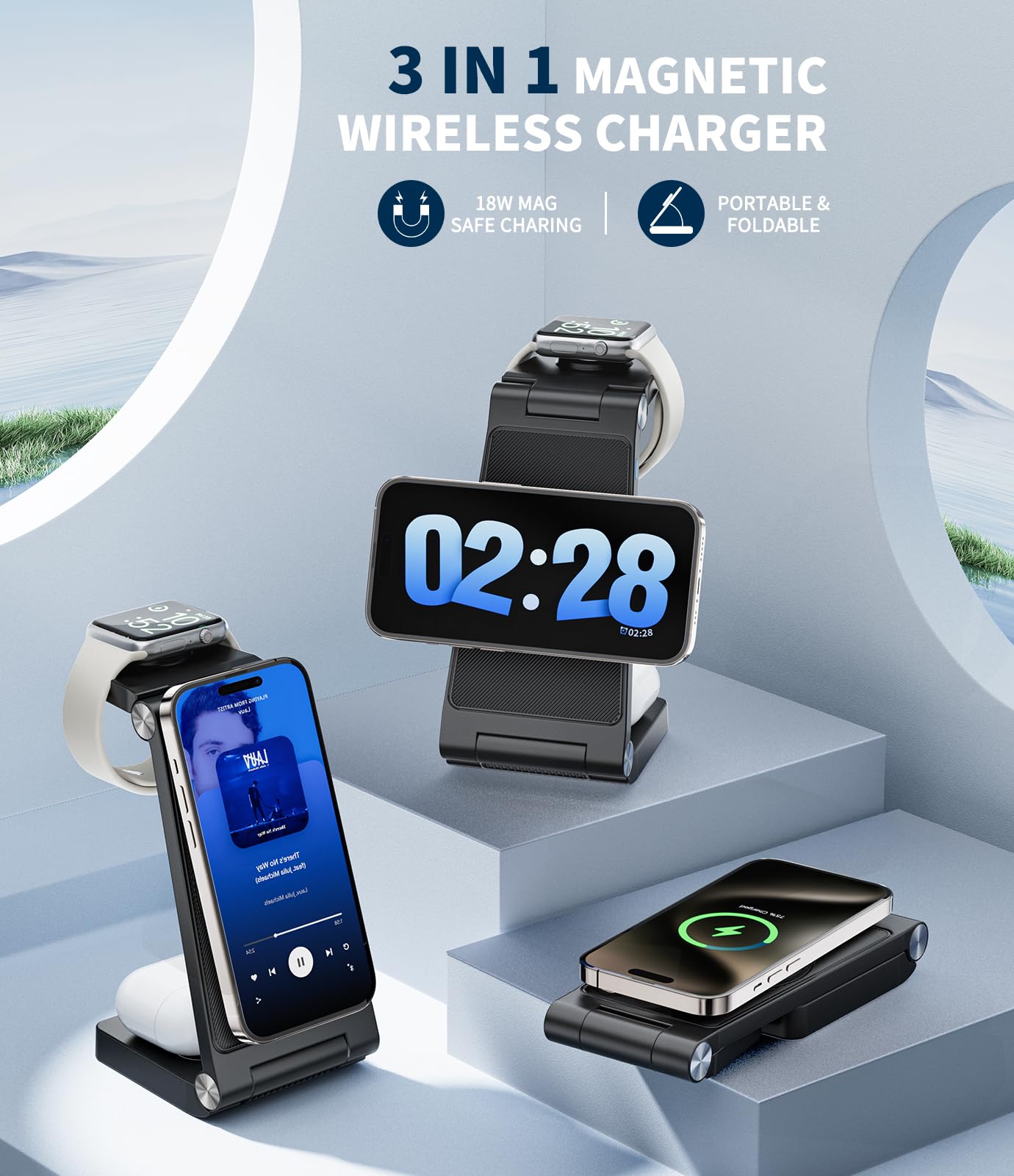Magnetic Wireless Charging Station, 3 in 1 Fast Max Charging for iPhone 17 16 15 14 13 12 Pro Max Plus, Apple Watch, Air Pods Pro - Space-Saving