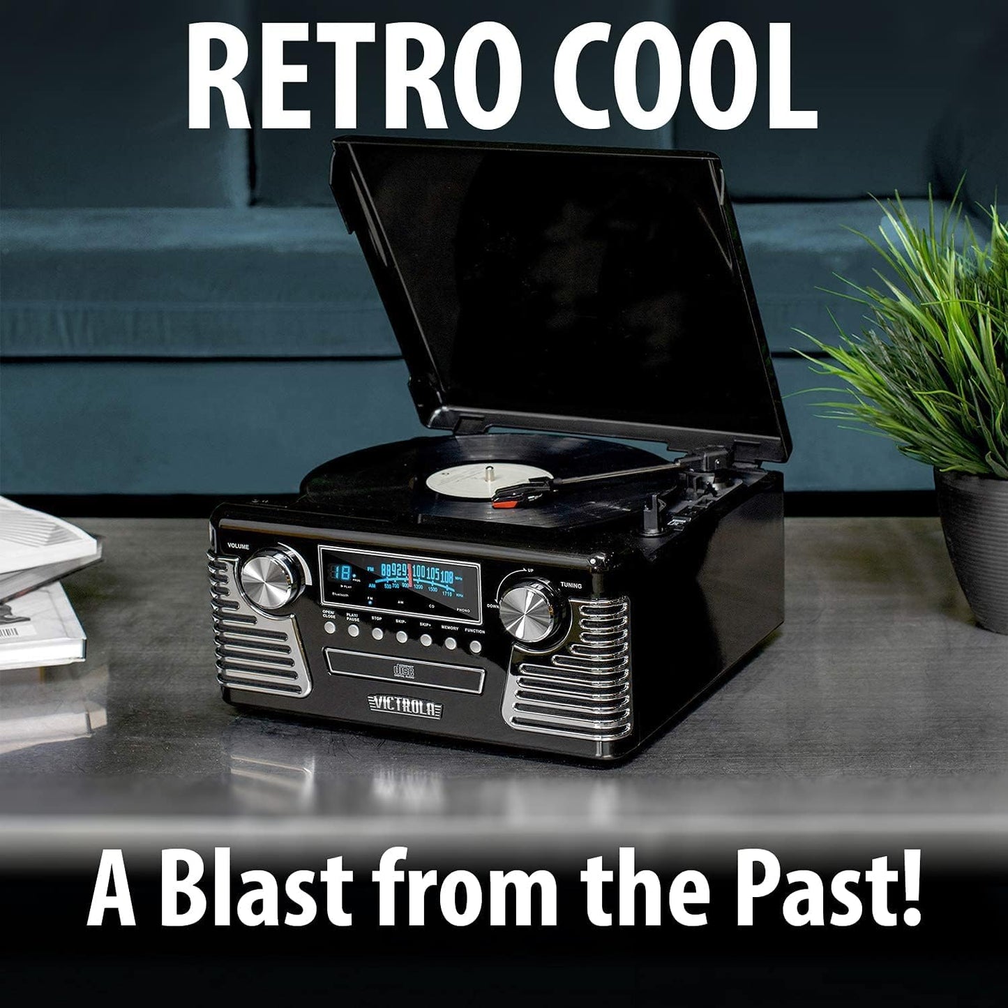 Victrola Haley Retro Bluetooth Record Player & Multimedia Center with Built-in Speakers - 3-Speed Turntable, CD Player, AM/FM Radio, 3.5mm Aux-In