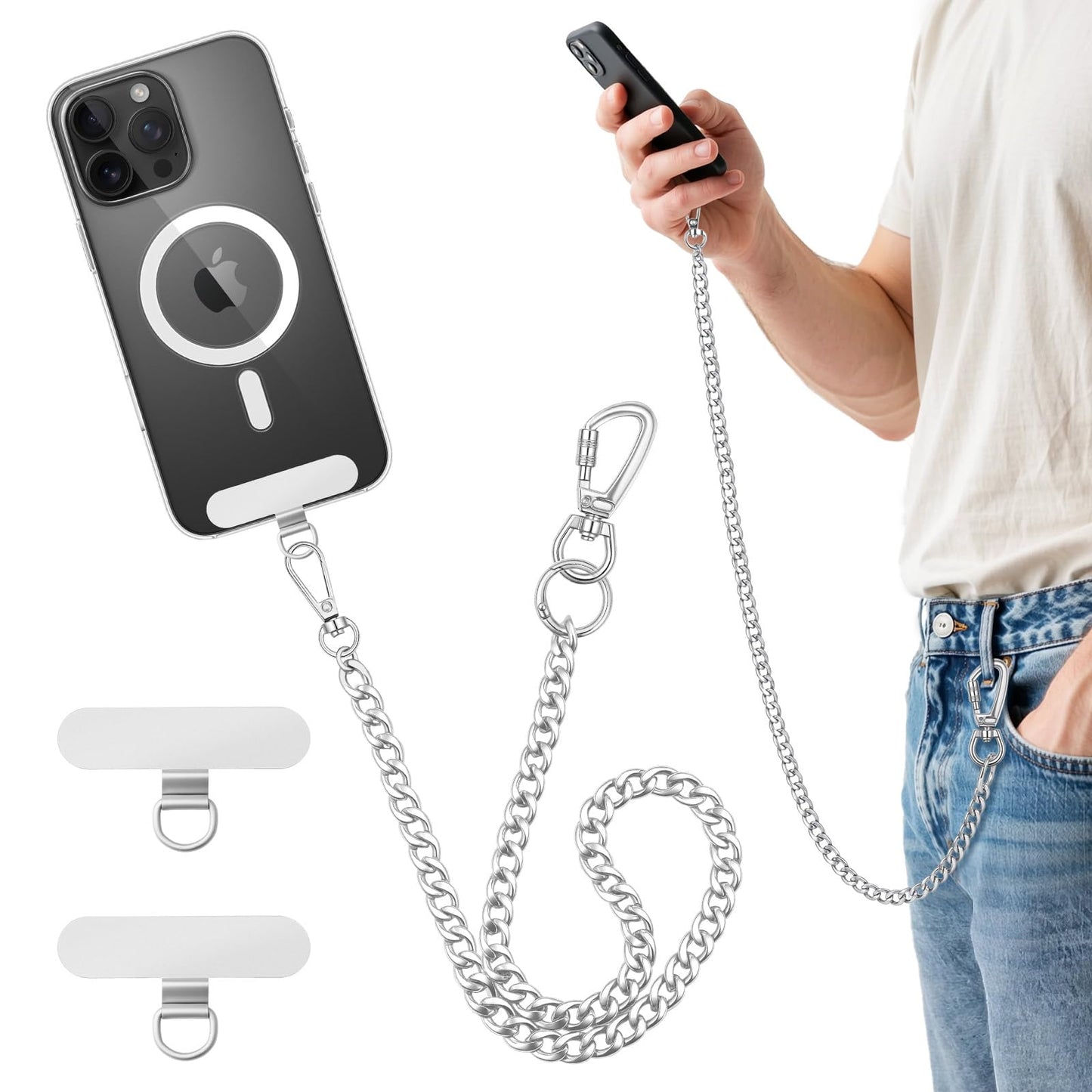 MoKo Anti-Theft Phone Tether Strap, Phone Chain Lanyard with Lockable Carabiner, Stainless Steel iPhone Strap with 2 x 360° Metal Tether Tab
