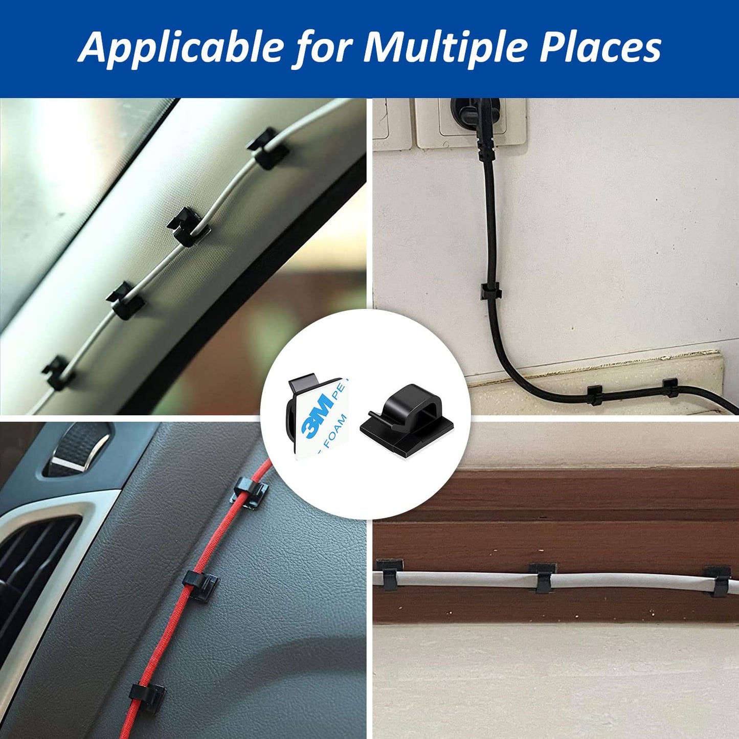 5/8" Adhesive Cable Clips - 100 Pcs Wire Holder Organizer Cord Management for Car, Ethernet Cable,Wall,Office and Home-Black (41/64" x37/64-100PCS