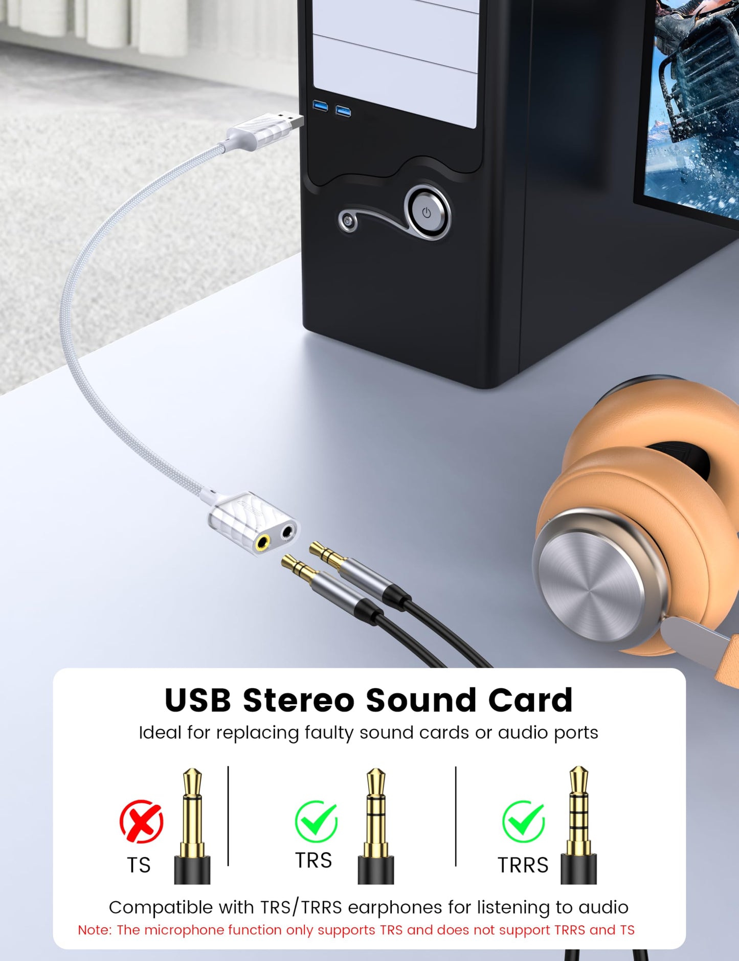 MOSWAG USB to 3.5mm Audio Adapter, External Stereo Sound Card with Dual TRS 3-Pole 3.5mm Headphone and Microphone Jack Adapter for PS4/PS5/PC/Laptop