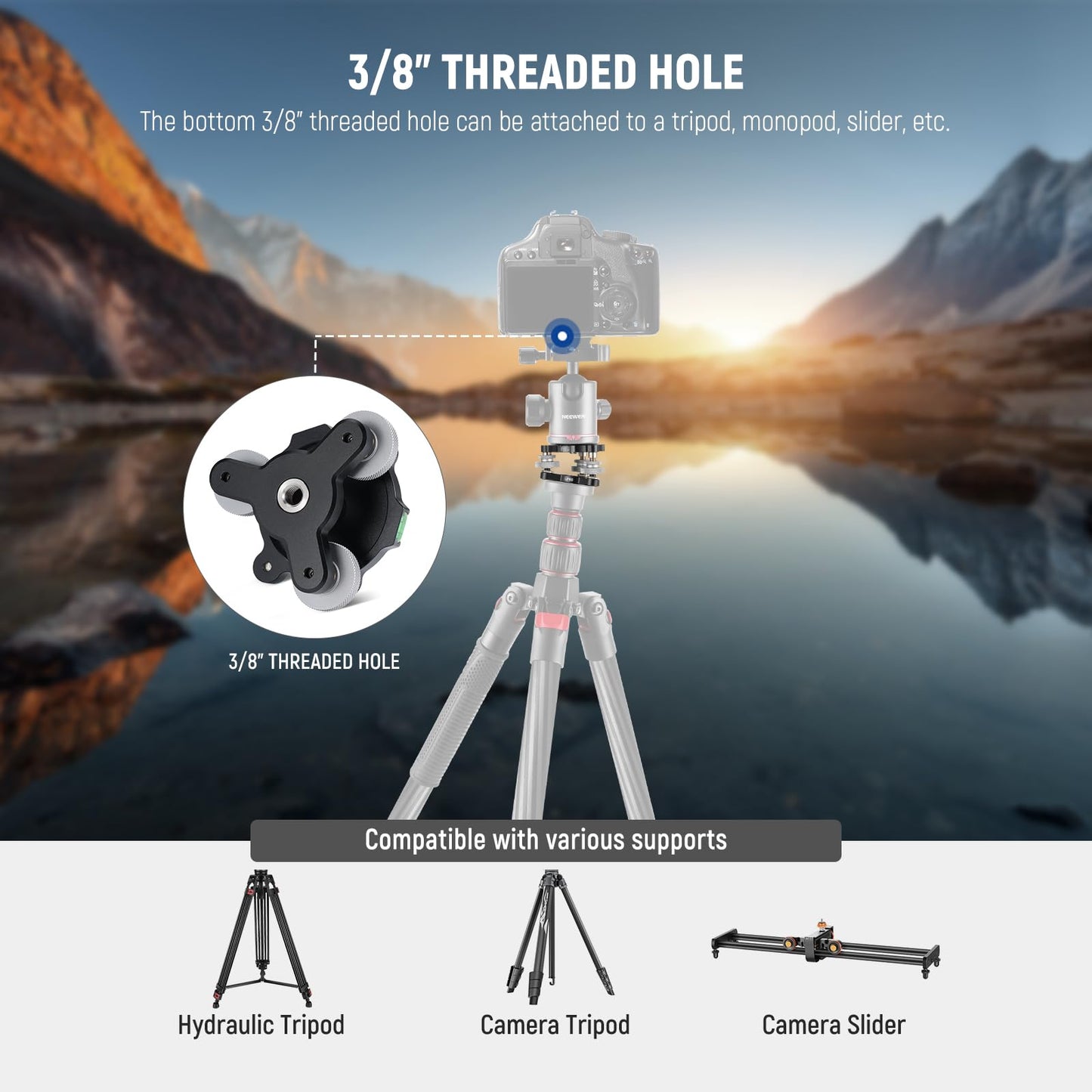 NEEWER Tripod Head Leveling Base Camera Leveler, 3 Axis Wheel Metal Head with Bubble Levels, 3/8" Screw & Thread, +/-9° Precise Angle Adjustment