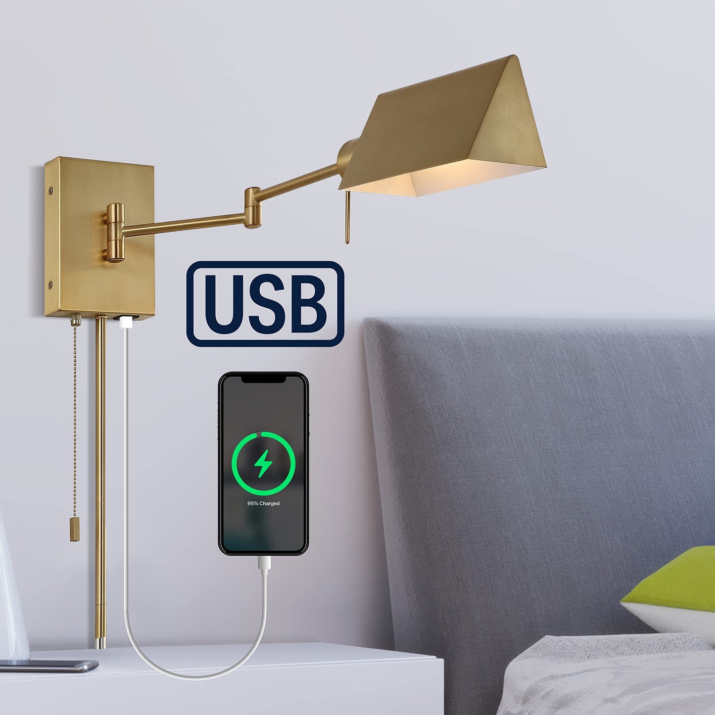 JONATHAN Y 22" Brass Gold Swing Arm Wall Sconce, Plug-in or Hardwired with USB Charging Port and Pull Chain, Iron Shade, Industrial LED Reading Lamp