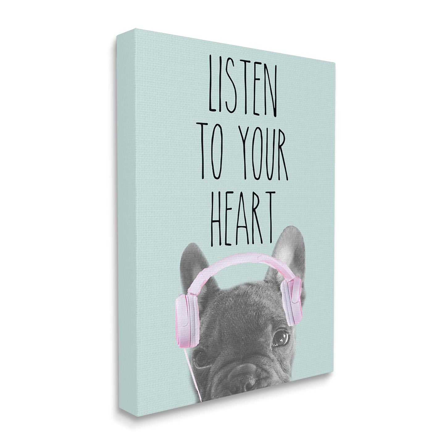 Stupell Industries Listen to Your Heart Phrase Headphones French Bulldog, Design by Sd Graphics Studio Canvas Wall Art, 30 x 40, Blue