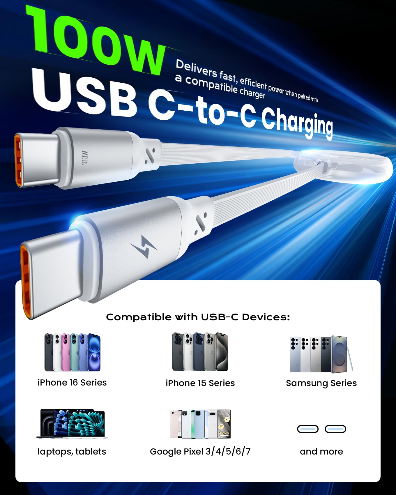 iOttie Basix 100W Retractable USB-C Cable, Fast Charging USB C-to-C Cable with 4 Adjustable Cable Lengths, USB C Cable for iPhone 16, 15 (Pro, Plus