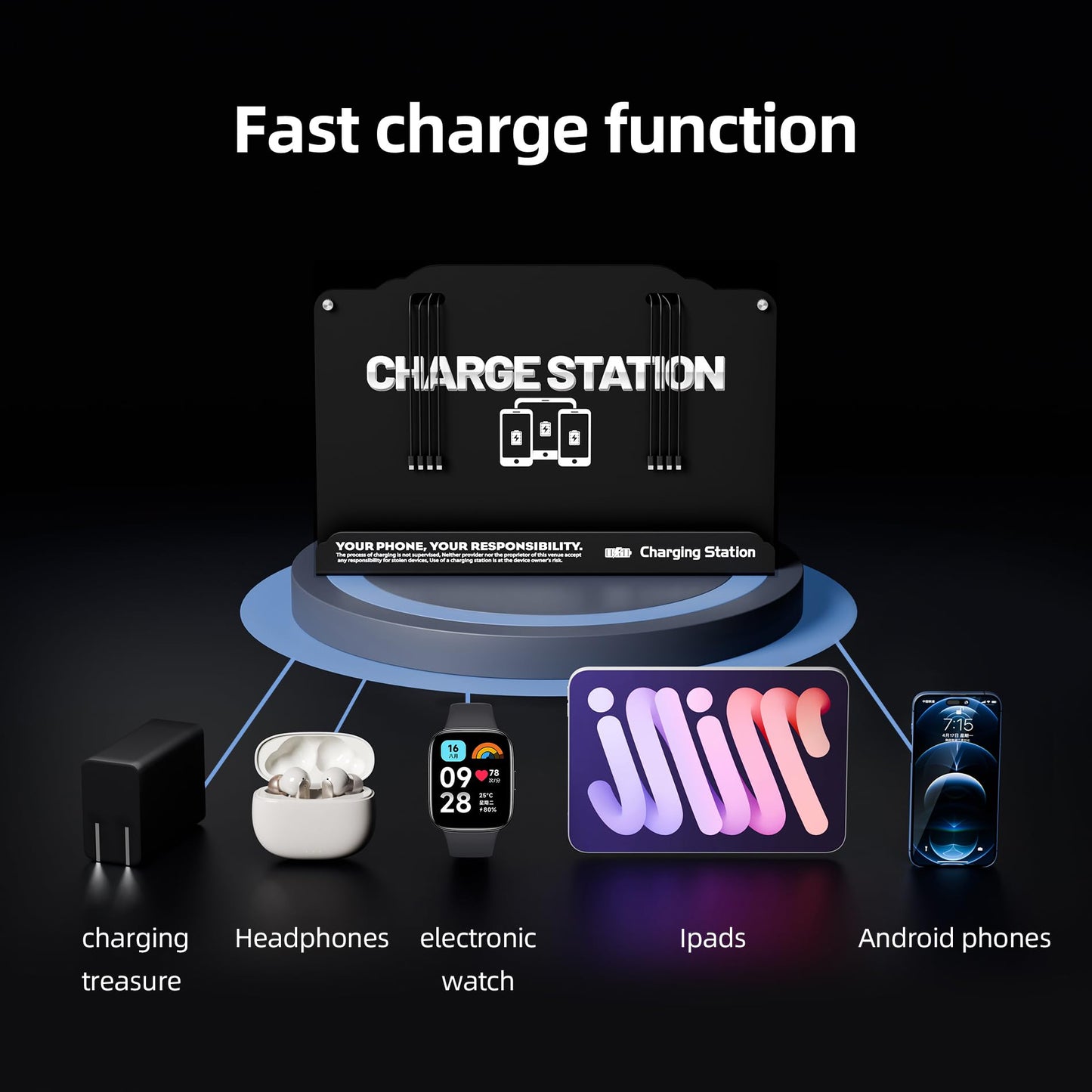 Wall Mounted 8 Port Charging Station with Fast Charigng Cables - Multi Device Charging Dock for Office, Hotel & Public Spaces | Compatible with iPhone