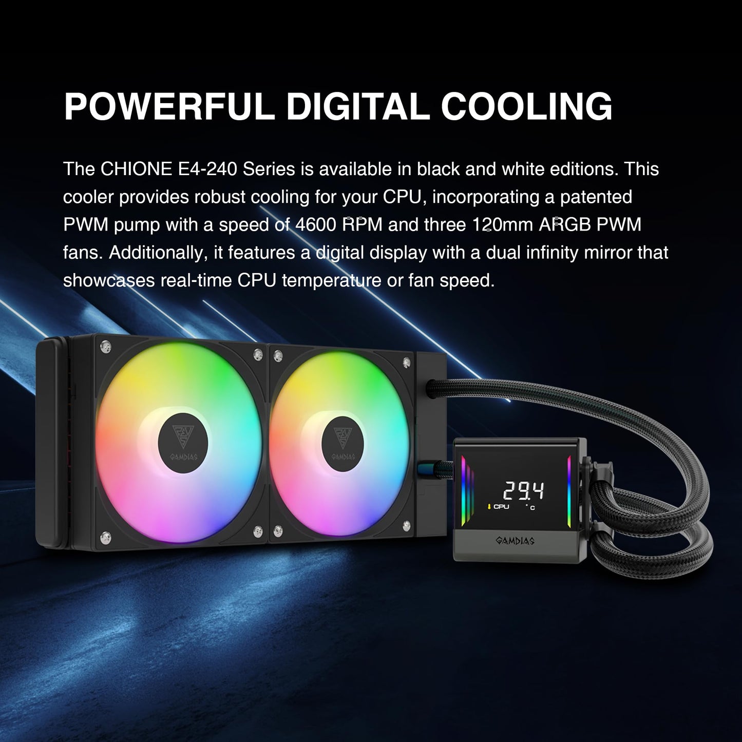 GAMDIAS CHIONE E4 240mm AIO CPU Water Cooler, Real-time Digital Display Patented PWM Pump, Hidden Cable Design, ARGB PWM Fan w/MB Sync, Intel LGA
