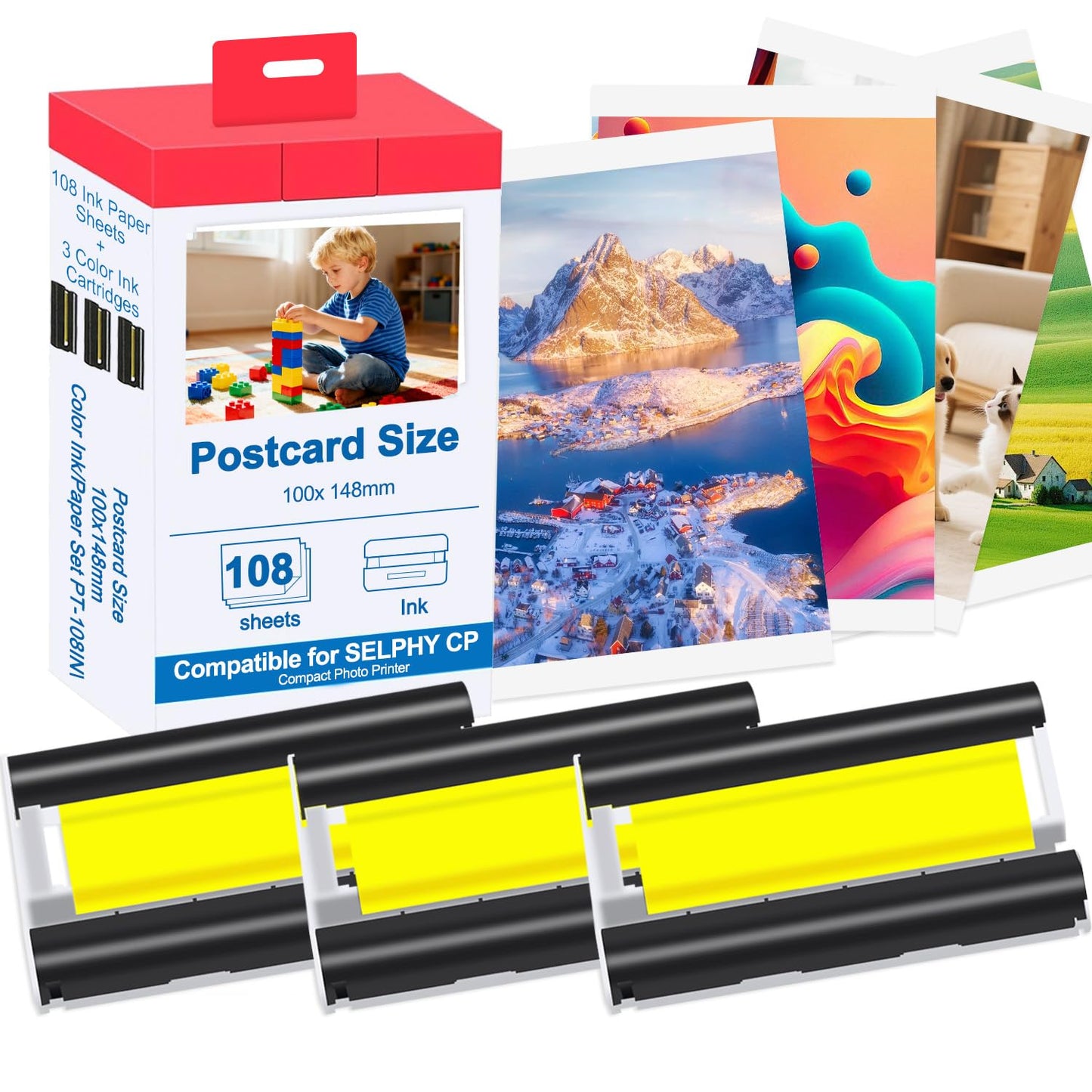 Compatible with Canon Selphy CP910/CP820/CP1200/CP1300/CP1500 Photo Printer?KP108/RP108 - Cartridge Refill & Photo Paper Set,Dye Sublimation,Vibrant