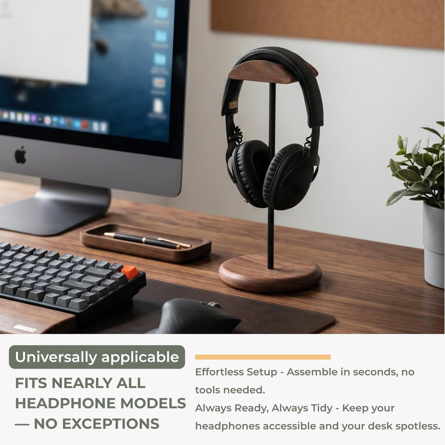 muso wood Walnut Wood & Aluminum Headset Stand, Desktop Headphone Stand, Headset Holder with Anti-slip Pad, Headphone Holder with Storage Base