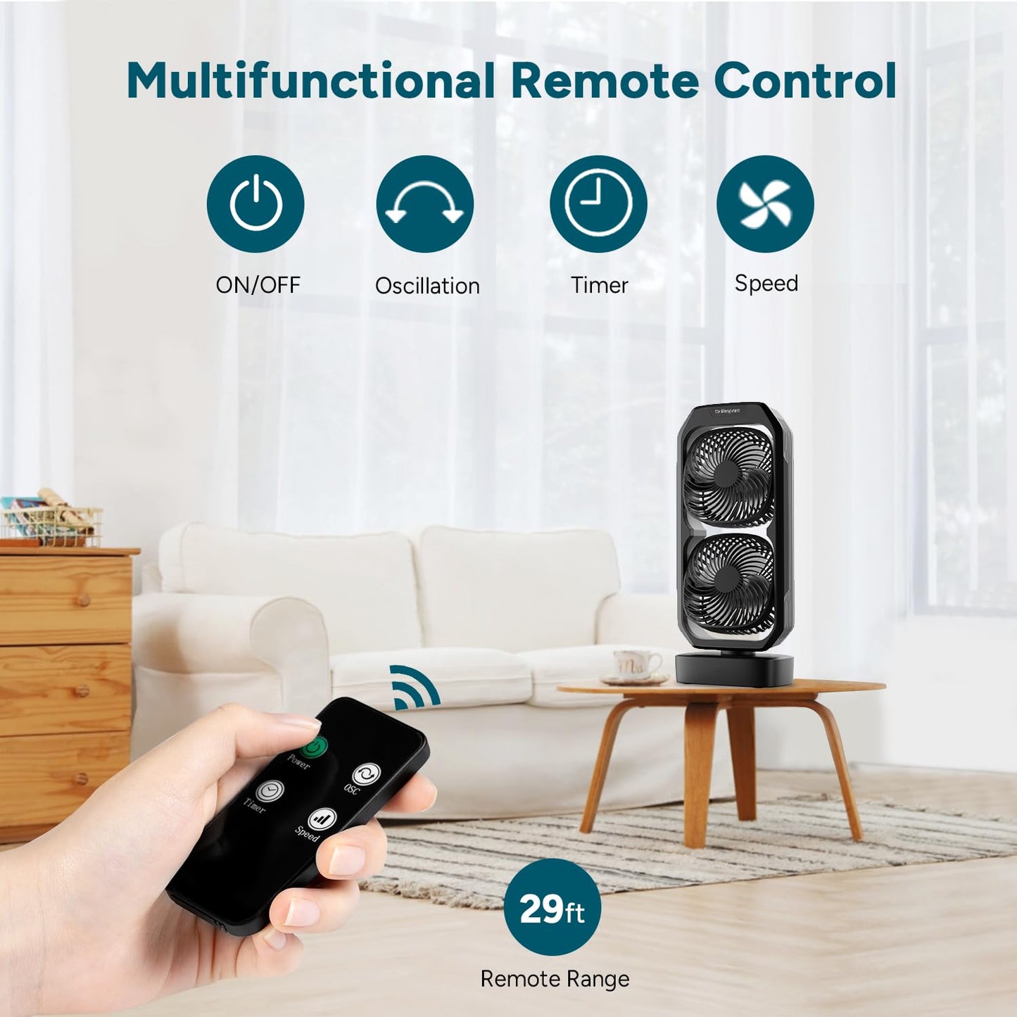 DR.PREPARE 120° Oscillating Quiet Tower Fan with Remote, Small Battery Powered Desk Fan for Bedroom, 250° Tilt, 3 Speeds, 8H Timer, Portable