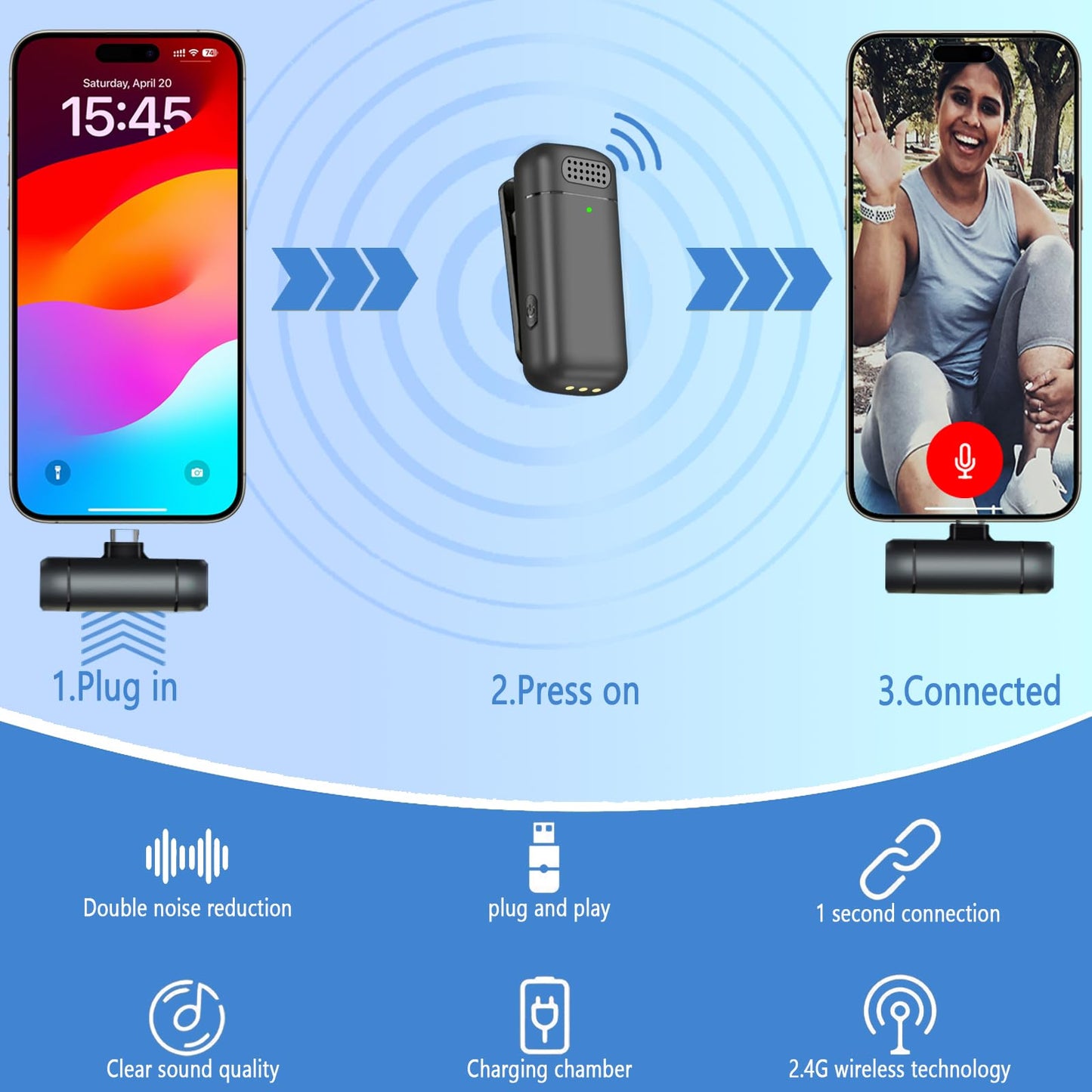 2 Pcs 3 in 1 Wireless Lavalier Microphones for iPhone iPad USB C Android Laptop with Charging Case, Clip on Lapel Mic Plug-Play Cordless Mini Mic for