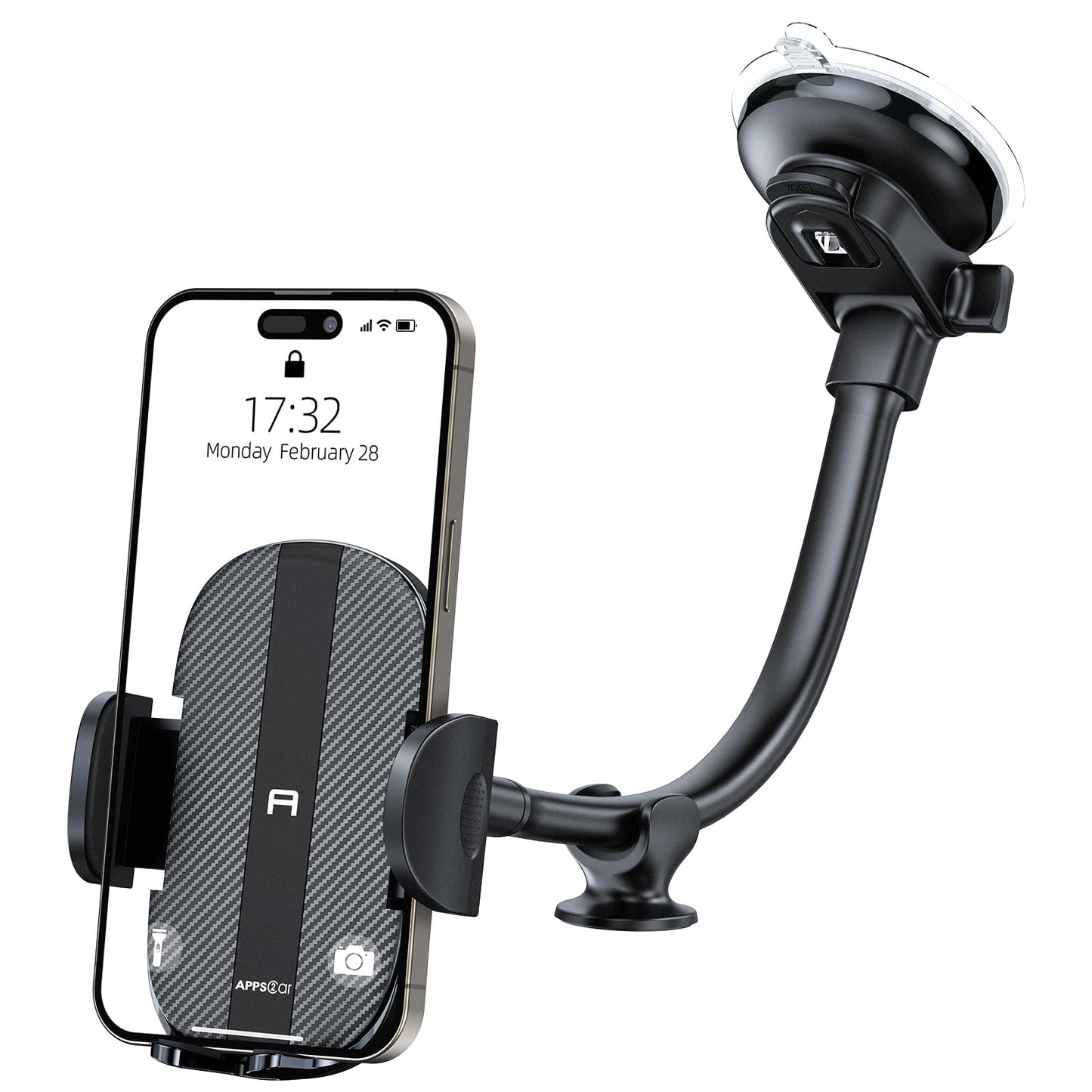 APPS2Car Gooseneck Car Phone Holder Heavy Duty Dashboard Windshield Phone Mount, Flexible Long Arm, Anti-Shake Stabilizer, Solid Suction Cup Phone