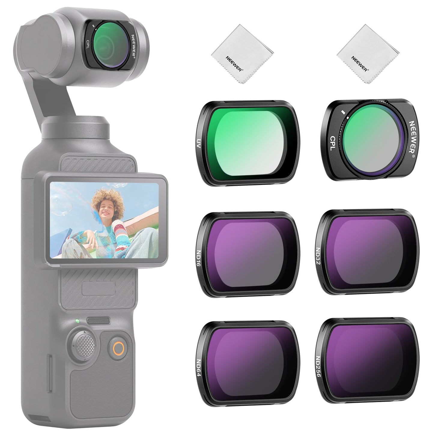 NEEWER Magnetic ND Filter Set Compatible with DJI Osmo Pocket 3 Creator Combo Accessories, 6 Pack ND16 ND32 ND64 ND256 CPL UV Lens Filter Kit + 2X