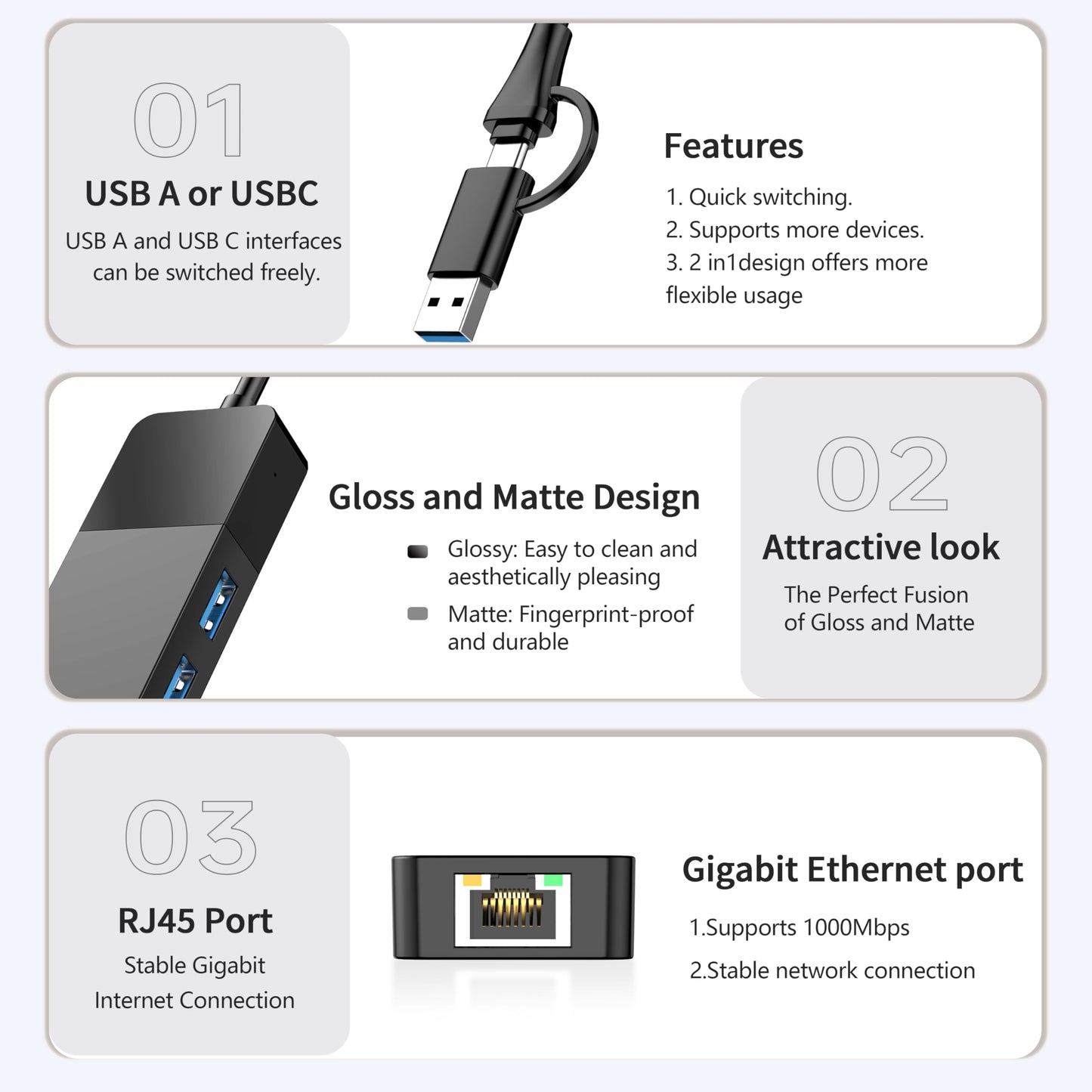 ALL-LUCKY USB to Ethernet Adapter, 4 in 1 USB C to Ethernet Adapter Hub with 3 x USB 3.0 Port/Gigabit Internet Port, High-Speed Network Hub Compatible