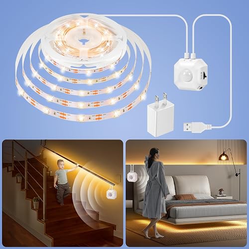 HOUHUI Motion Sensor Light Indoor Under Bed Lights, 16.4Ft Dimmable Motion Activated LED Strip Lights for Bedroom, Warm White USB Under Cabinet Lights