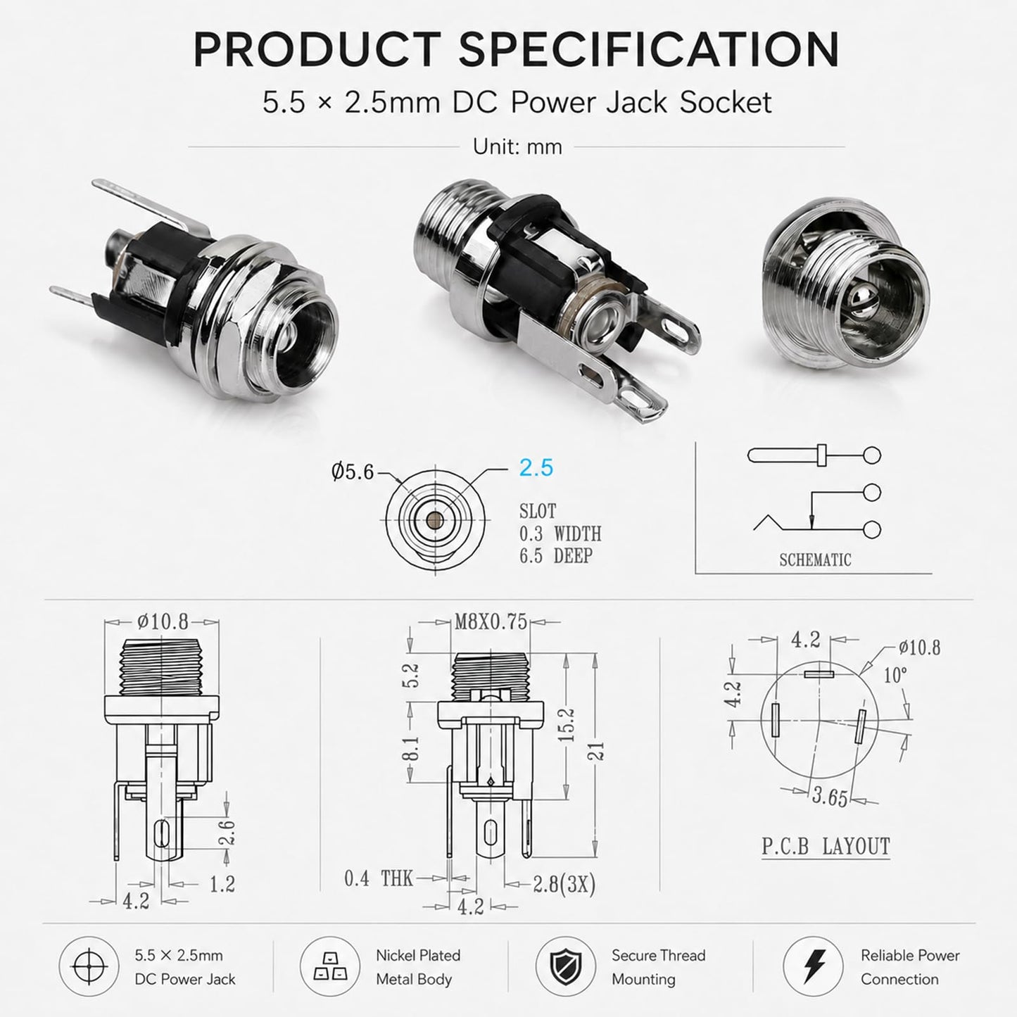 DIYhz 2.5mm DC Power Jack Socket, Panel Mount DC Power Jack Socket Female Panel Mounting Connector 10Pcs