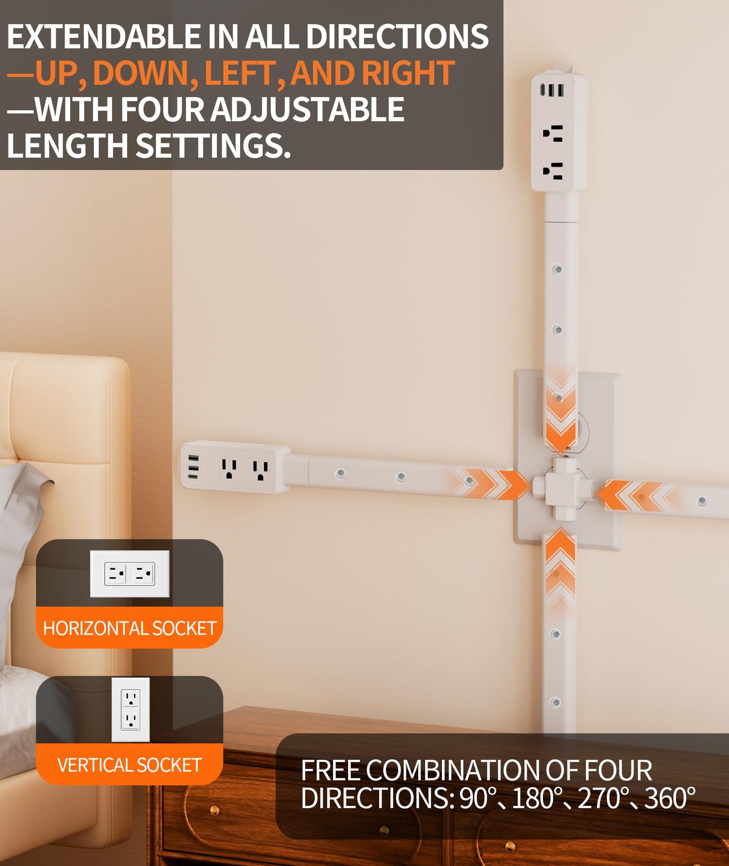 Electrical Outlet Extender Stick Features 2 USB-A, USB-C and 2 AC Outlets, Extendable 6", 15.3", 24.5", 34", for Hard to Reach Spaces Use Behind