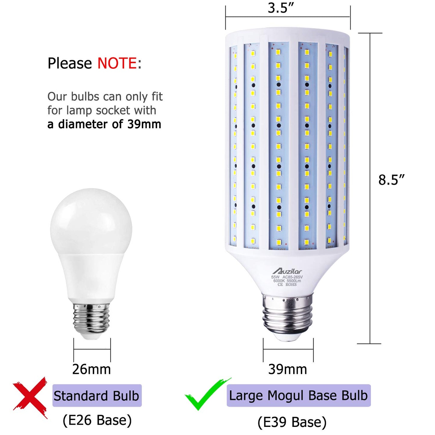 Auzilar 55W LED Corn Light Bulb (E39 Large Mogul Base) 5500Lm 6000K Cool White Daylight, for Metal Halide HID HPS Replacement Garage Parking Lot High