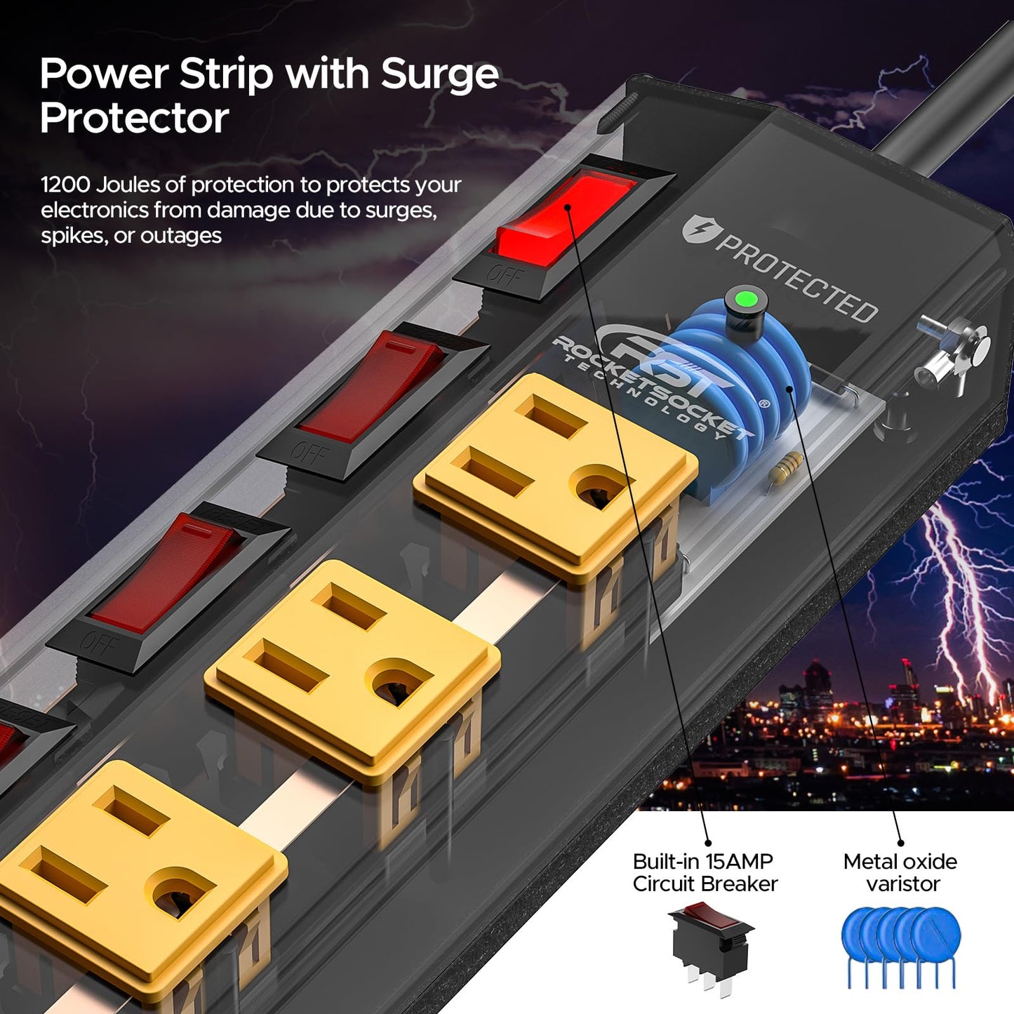 CRST 8 Outlet Heavy Duty Power Strip with Individual Switches, 15A/1875W Metal Power Strip Surge Protector with Circuit Breaker (1200 Joules), 6 FT