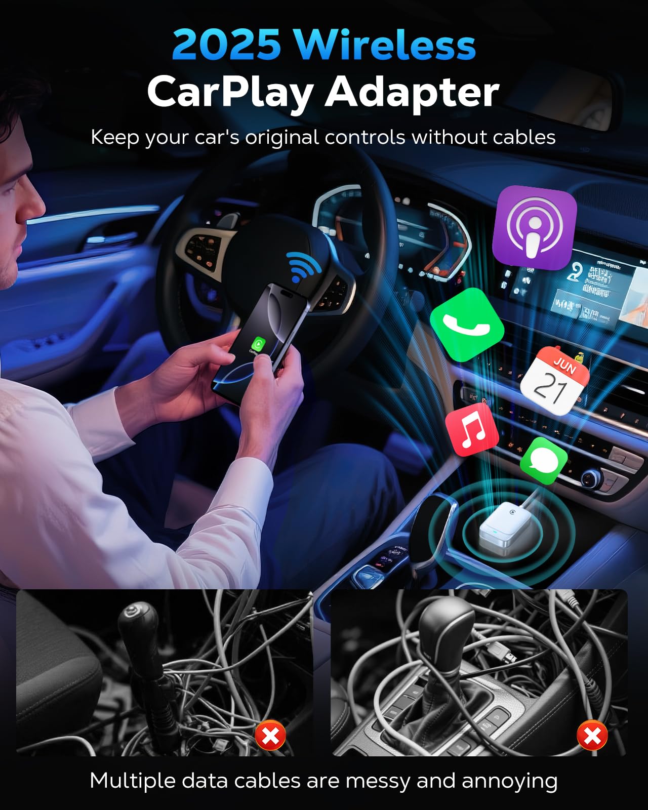 MoKo Wireless CarPlay Adapter for iPhone 2025, Converts Wired Car Play to Wireless Dongle, Plug and Play Fast Response Bluetooth CarPlay Adaptor