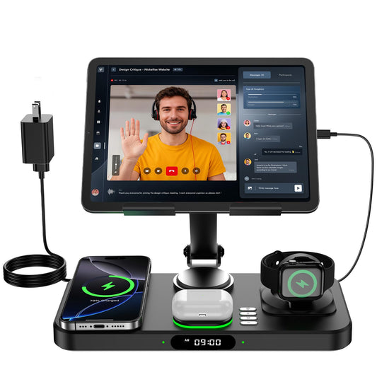 6 in 1 Wireless Charger for Apple Multiple Devices, Charging Station with Clock &7 Color Ambient Light, Foldable Rotate Stand for iPad,