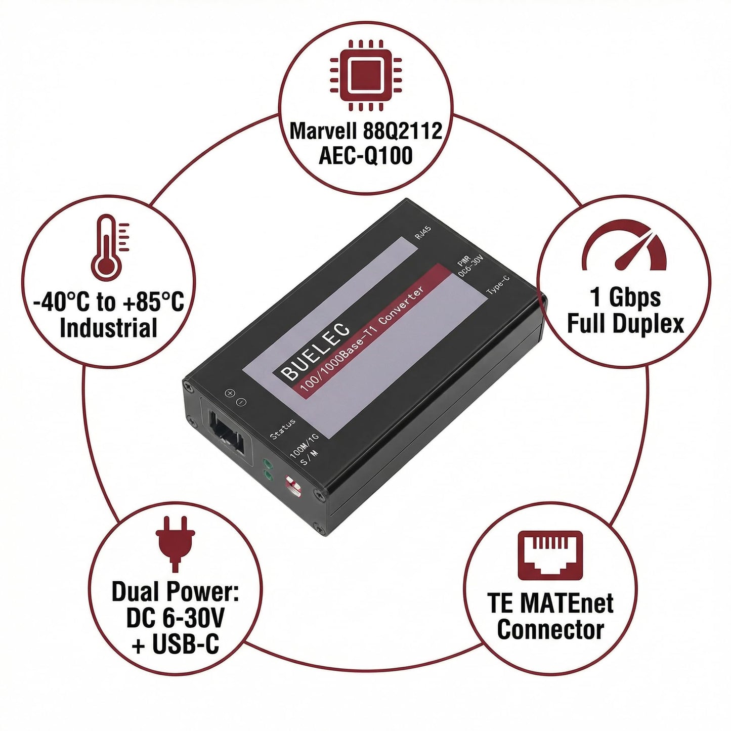 BUELEC 100/1000Base-T1-TX-TE Automotive Ethernet Media Converter - 100/1000BASE-T1 to TX Adapter, Marvell 88Q2112 & Realtek RTL8211FI Phy, MATENET