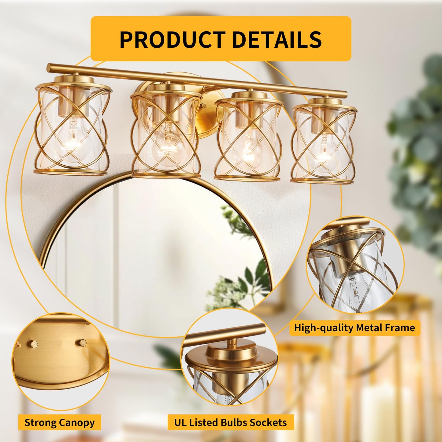 4-Lights Bathroom Light Fixtures, Brushed Gold Modern Vanity Light Over Mirror, Bathroom Wall Lamp for Mirror Kitchen Living Room Hallway Porch