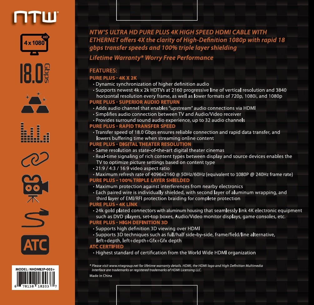NTW PURE PLUS 4K HDMI Cable 3FT High Speed HDMI 2.0 Cable, 4K HDR, 3D, 2160P, 1080P, Ethernet - HDMI Cord, Audio Return(ARC) Compatible PS5, PS4/3