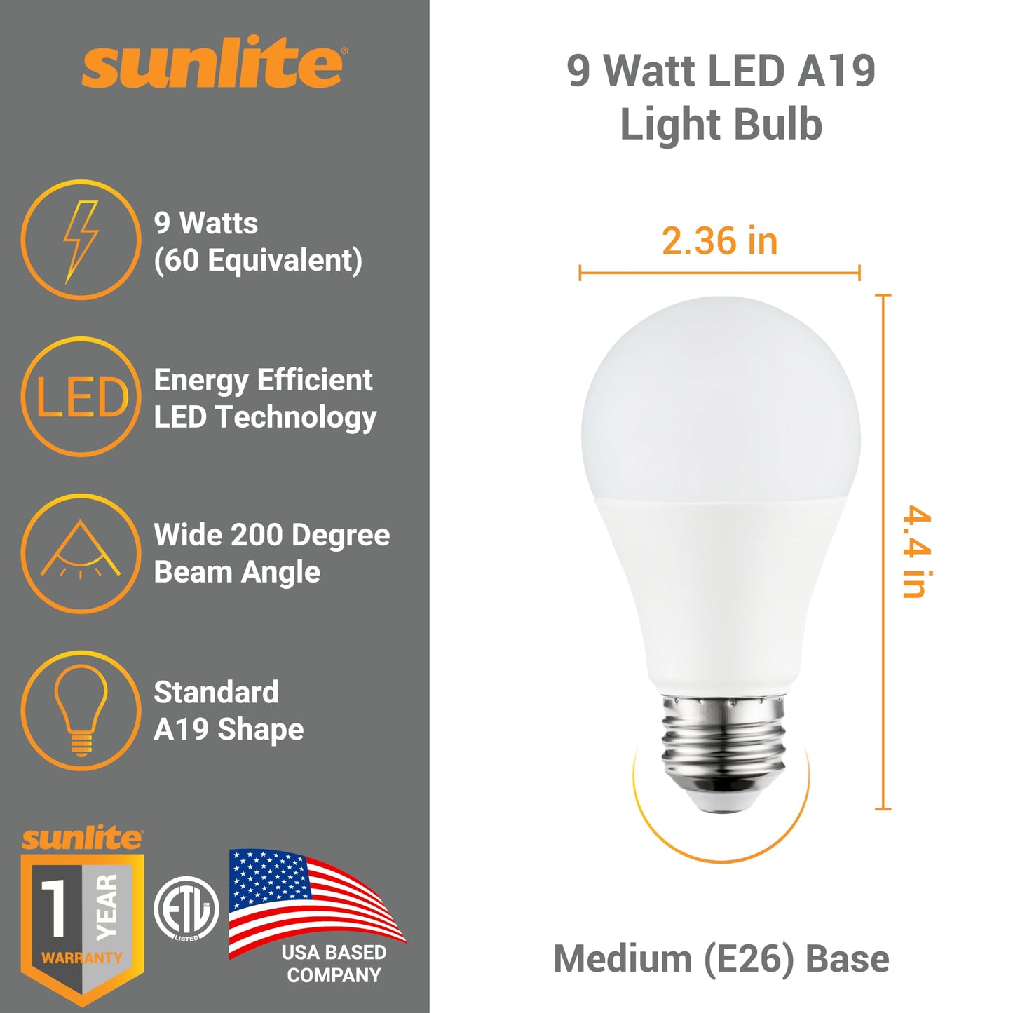 Sunlite 80682 LED A19 Household Light Bulbs, 9 Watts (60W Equivalent), 800 Lumens, Medium Base (E26), Non-Dimmable, 200 Degree Beam Angle, ETL Listed
