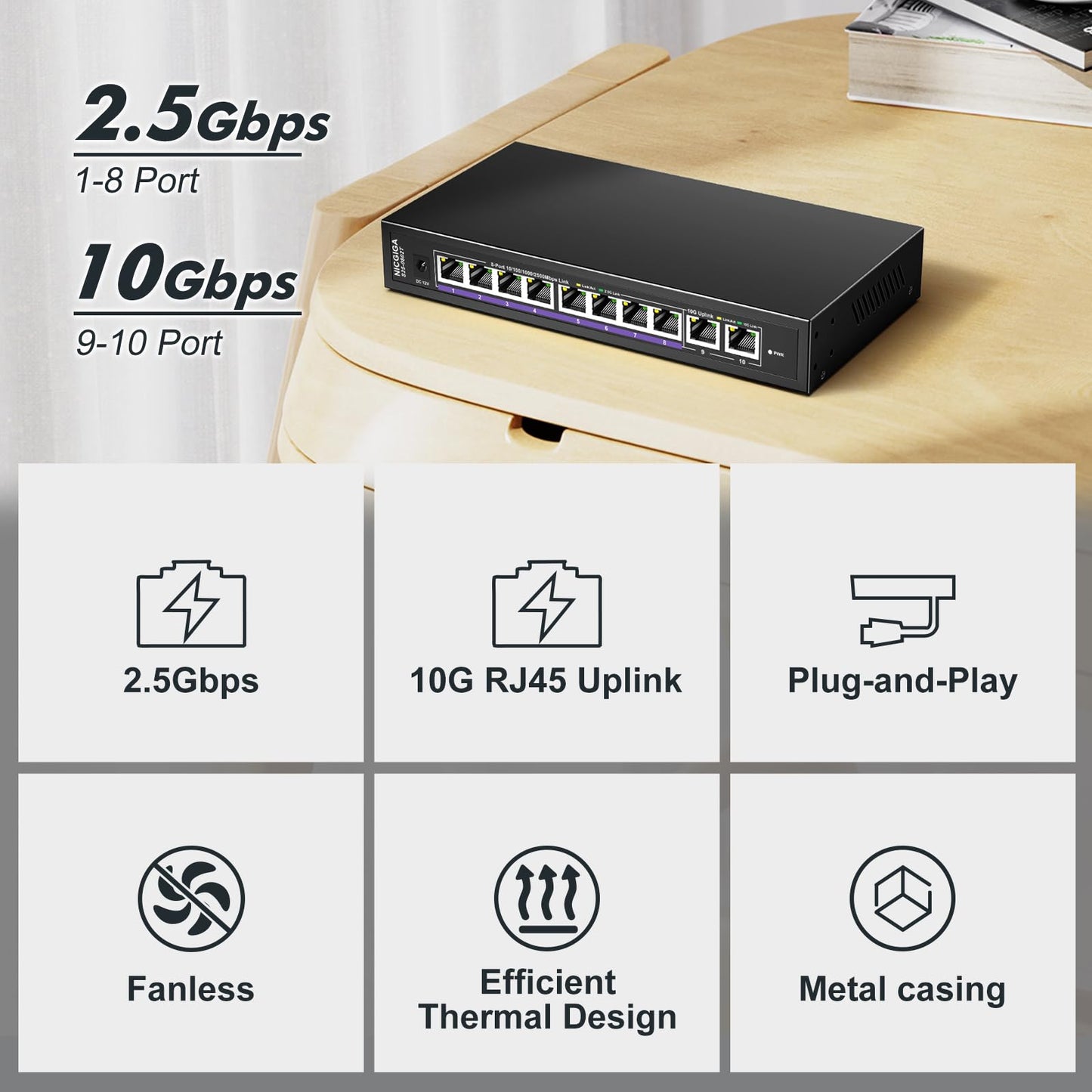10Gbe Ethernet Switch Unmanaged with 2 x 10Gb RJ45 Ports ? 8 x 2.5Gb Base-T Ports, Desktop/Wall Mount NICGIGA 10 Port 10Gbps Network Switch