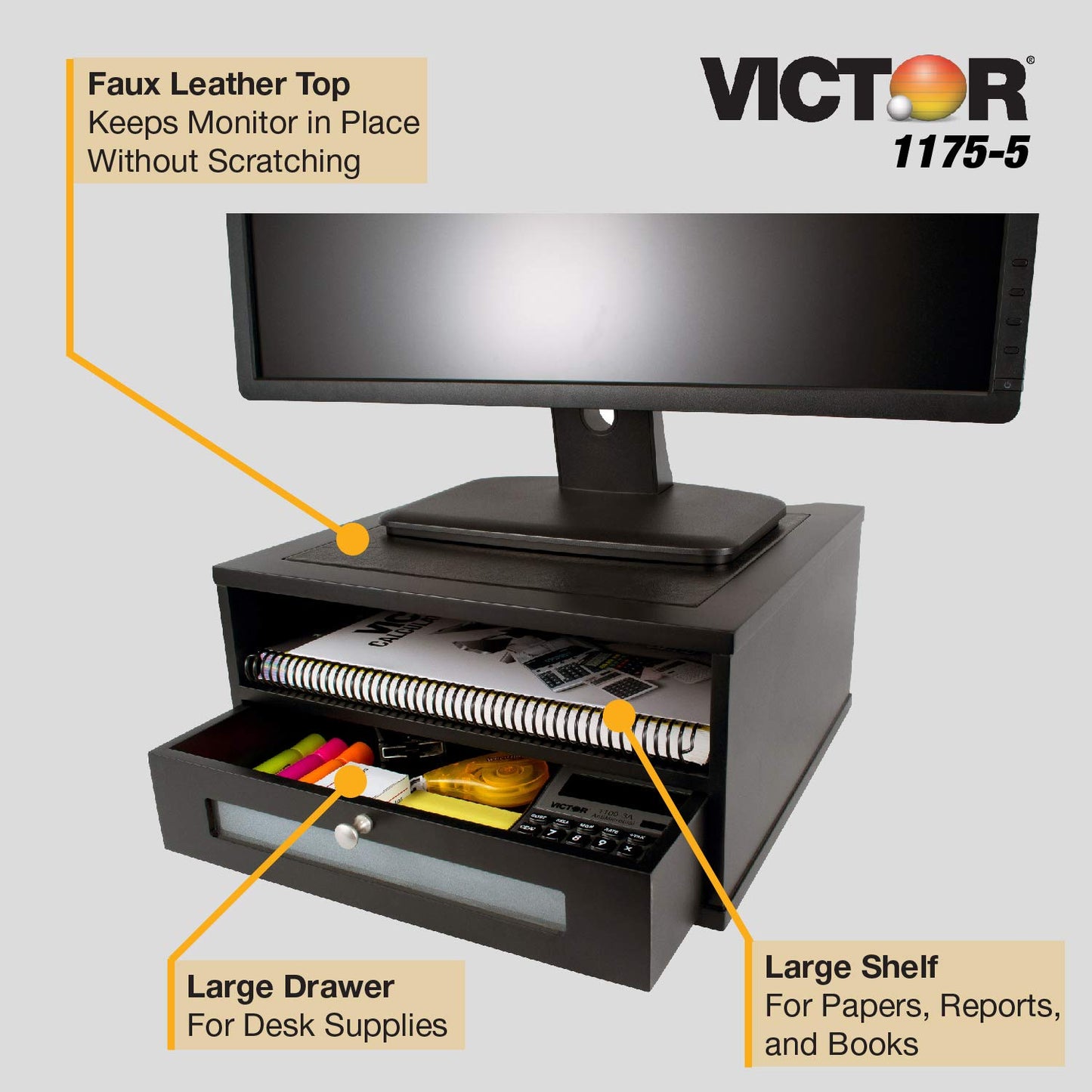 Victor Midnight Black Collection 1175-5 Wood Monitor Stand/Riser