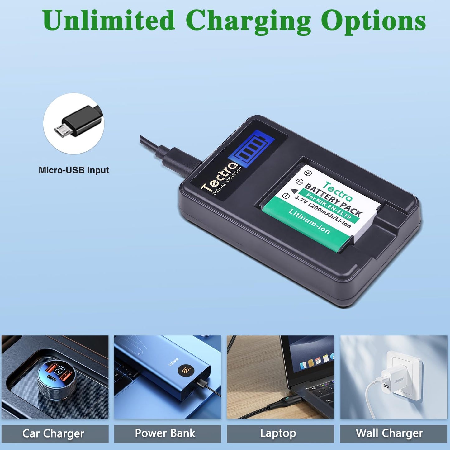 Tectra 2-Pack EN-EL19 Battery + LCD USB Charger for Nikon Coolpix S3500 S2500 S3100 S3200 S3300 S3400 S3500 S4100 S4300 S6500 A100 S32 S33 S100