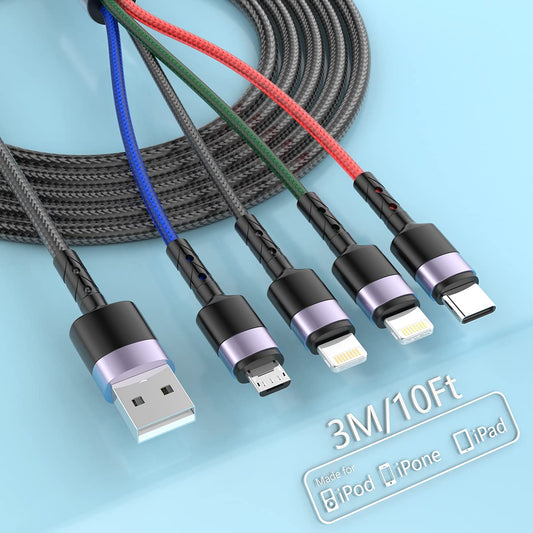 3M/10FT 4 in 1 Multi Charging Cable(Lightning*2+Type C+Micro USB), Multi Charger Cable iPhone, Multiple USB Fast Charging Cord Adapter Compatible…