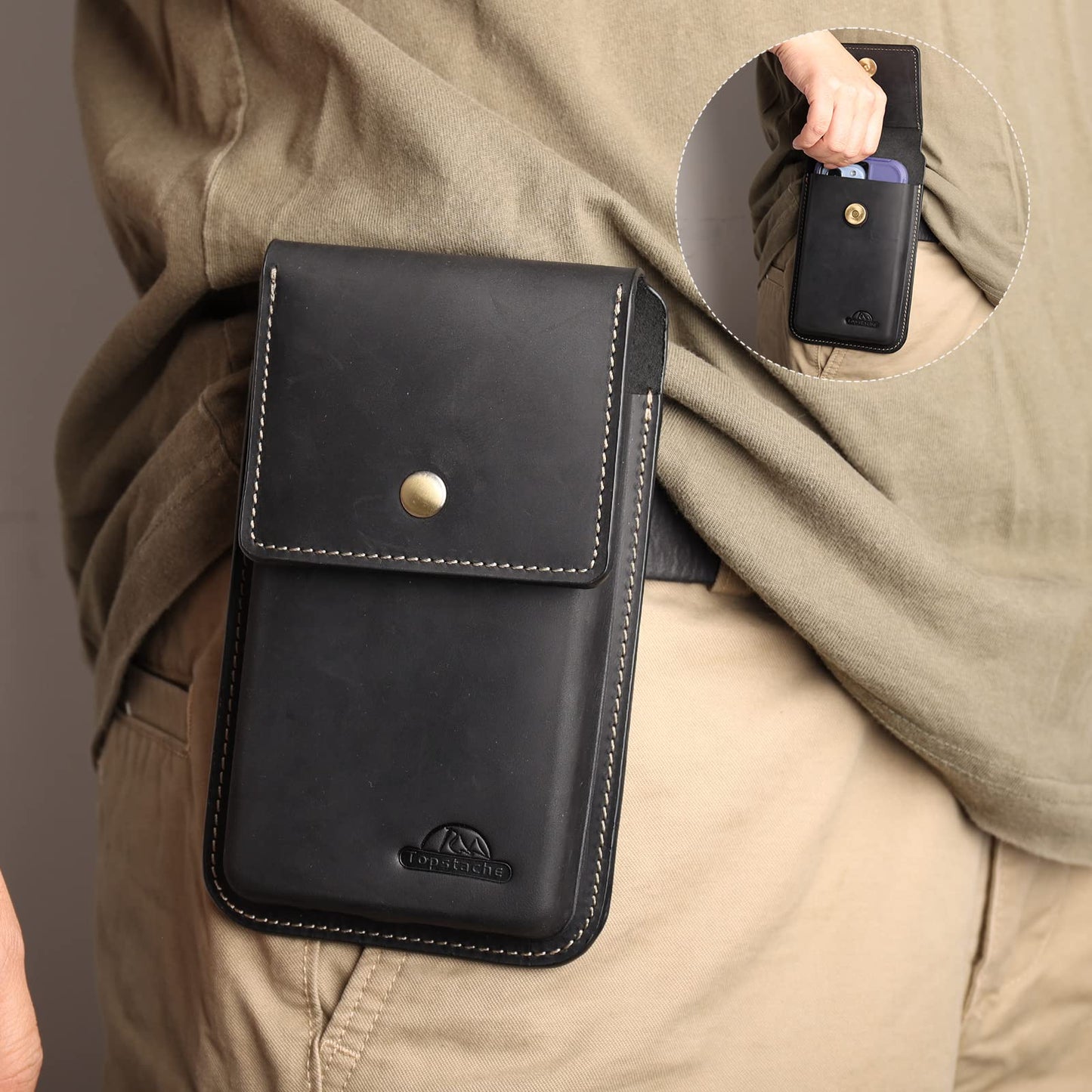 Topstache Leather Phone Holster for Men - Magnetic Closure Cell Phone Holder Case for iPhone 17/16/15/14/13/12 - Belt Clip Leather Belt Pouch Case