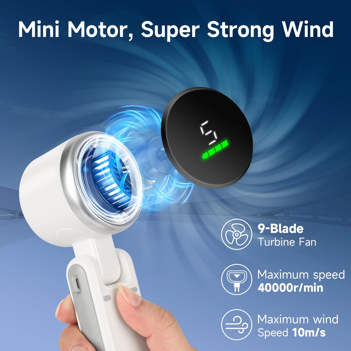 Portable Handheld Turbo Fan, 5-Speed, 3600mAh Rechargeable