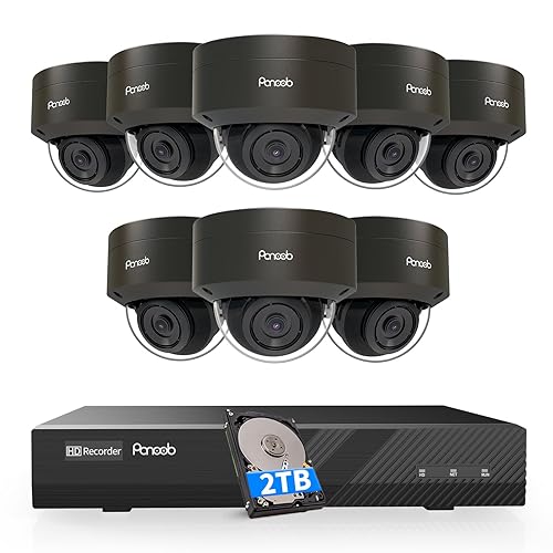 PANOOB Security Camera System PoE, 8PCS 5MP Wired IP IK10 Vandal-Proof PoE Dome Camera, AI Human Detection, Remote Access, 100ft IR Night Vision