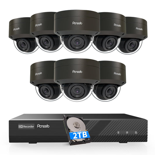 PANOOB Security Camera System PoE, 8PCS 5MP Wired IP IK10 Vandal-Proof PoE Dome Camera, AI Human Detection, Remote Access, 100ft IR Night Vision