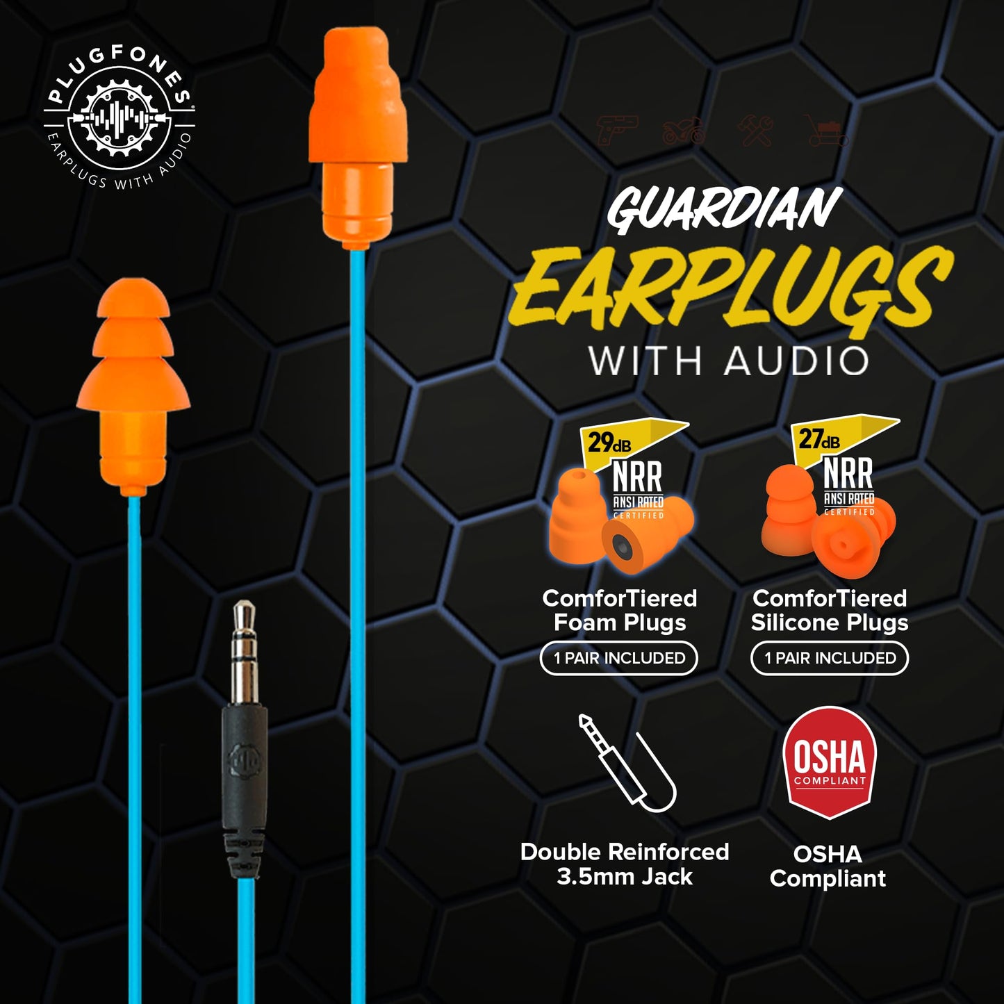 Plugfones Guardian Earplug Headphones - OSHA Approved Noise Isolating in-Ear Earbuds with Hearing Protection - Wired Hybrid for Work and Travel